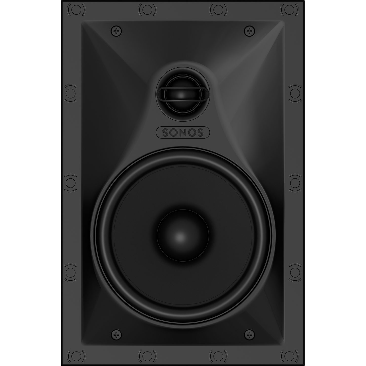 Front view of in-wall speaker with speaker grille removed