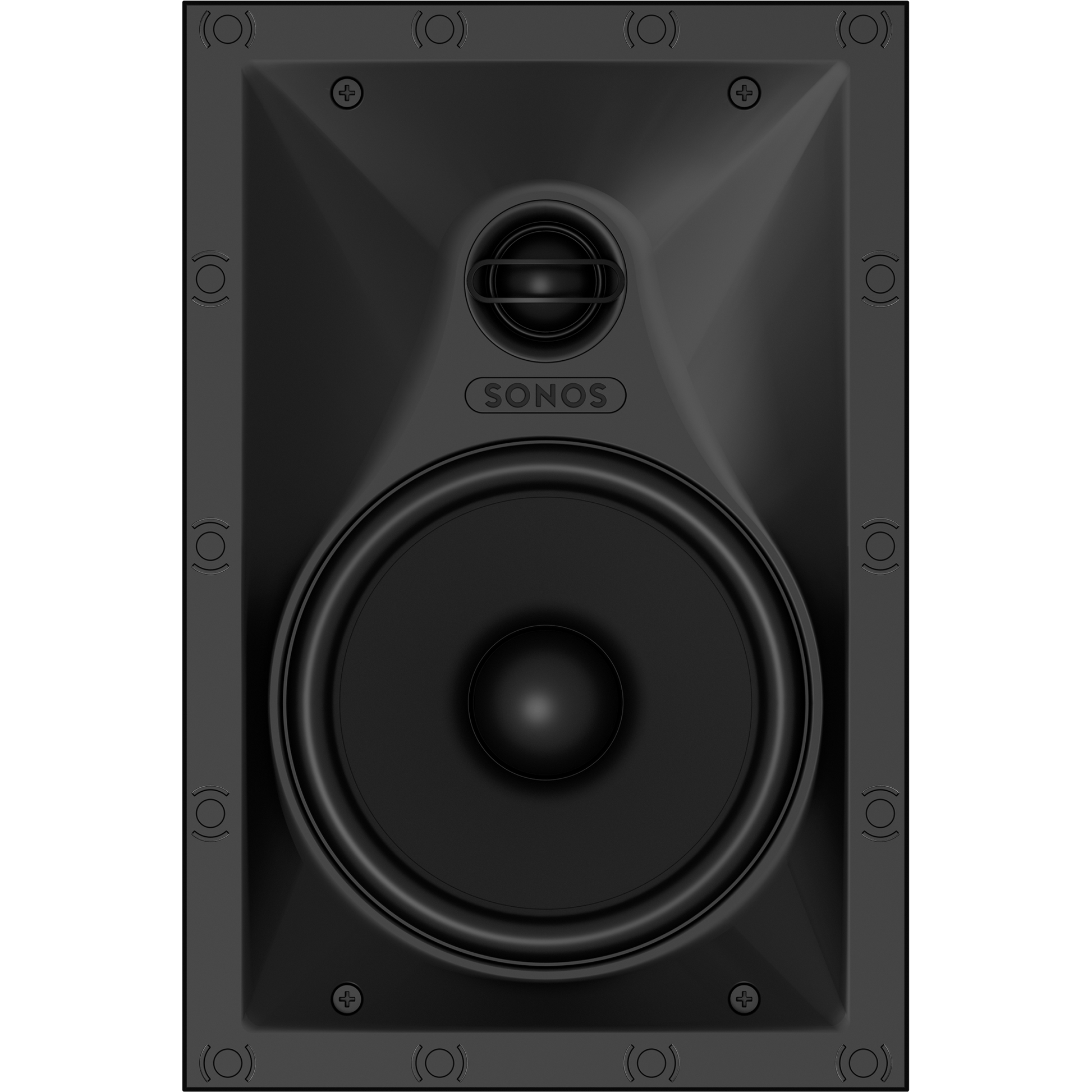 Front view of in-wall speaker with speaker grille removed