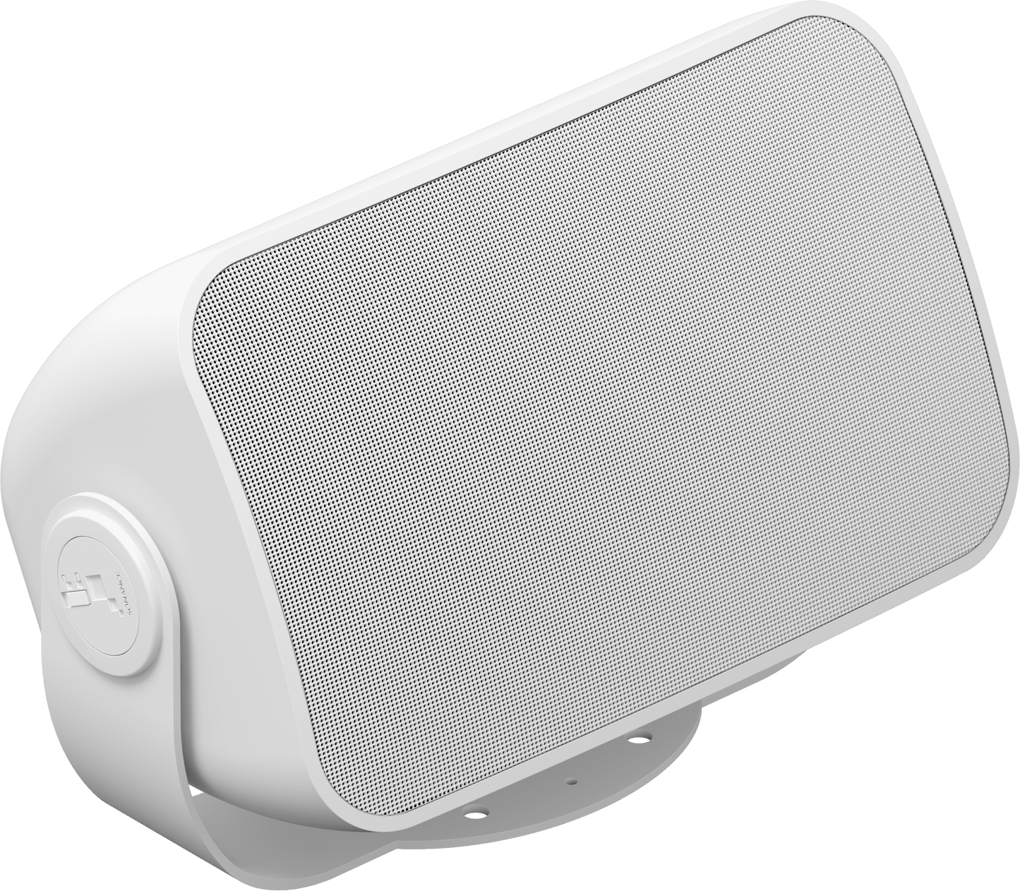 A single white outdoor speaker turned at a slight angle