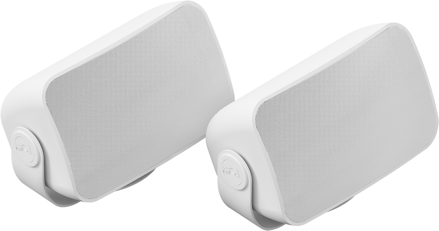 A pair of white Sonos and Sonance outdoor speakers