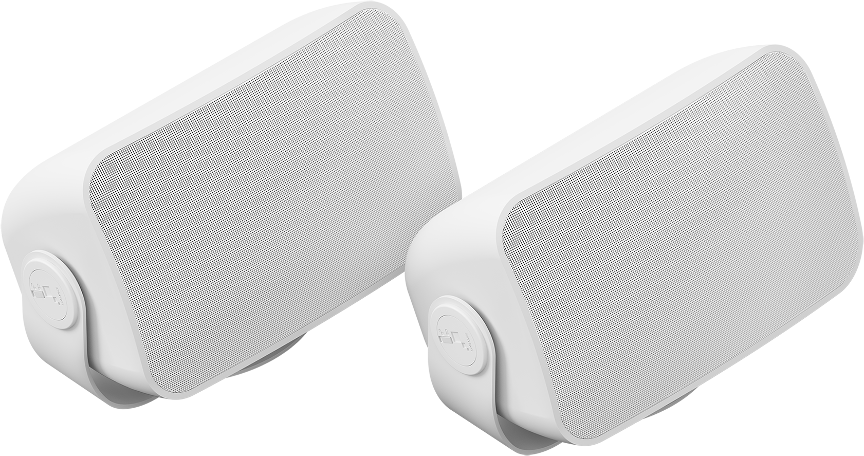 A pair of white Sonos and Sonance outdoor speakers