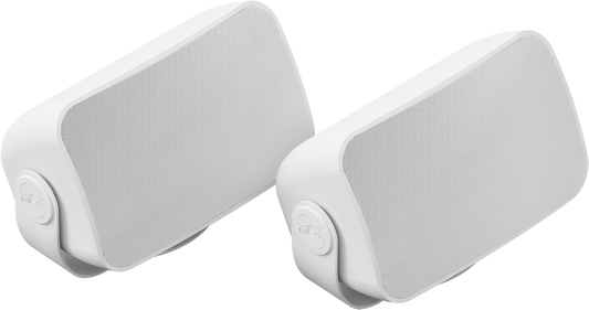 A pair of white Sonos and Sonance outdoor speakers